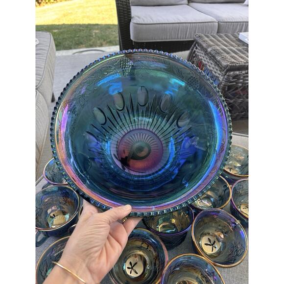 VINTAGE INDIANA GLASS IRIDESCENT BLUE HARVEST CARNIVAL GLASS PUNCH BOWL SET - Picture 11 of 11
